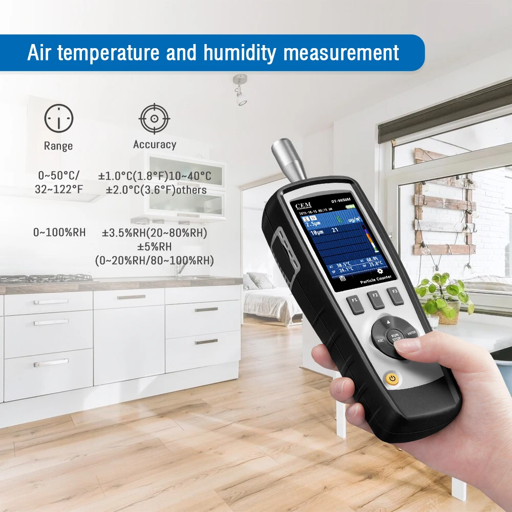 CEM DT-9850M Professional Handheld 2.83 Lmin Flow Rate Air Laser PM0.3 PM2.5 PM10 um Particle Counter CEM DT-9850M Professional Handheld 2.83 Lmin Flow Rate Air Laser PM0.3 PM2.5 PM10 um Particle Counter